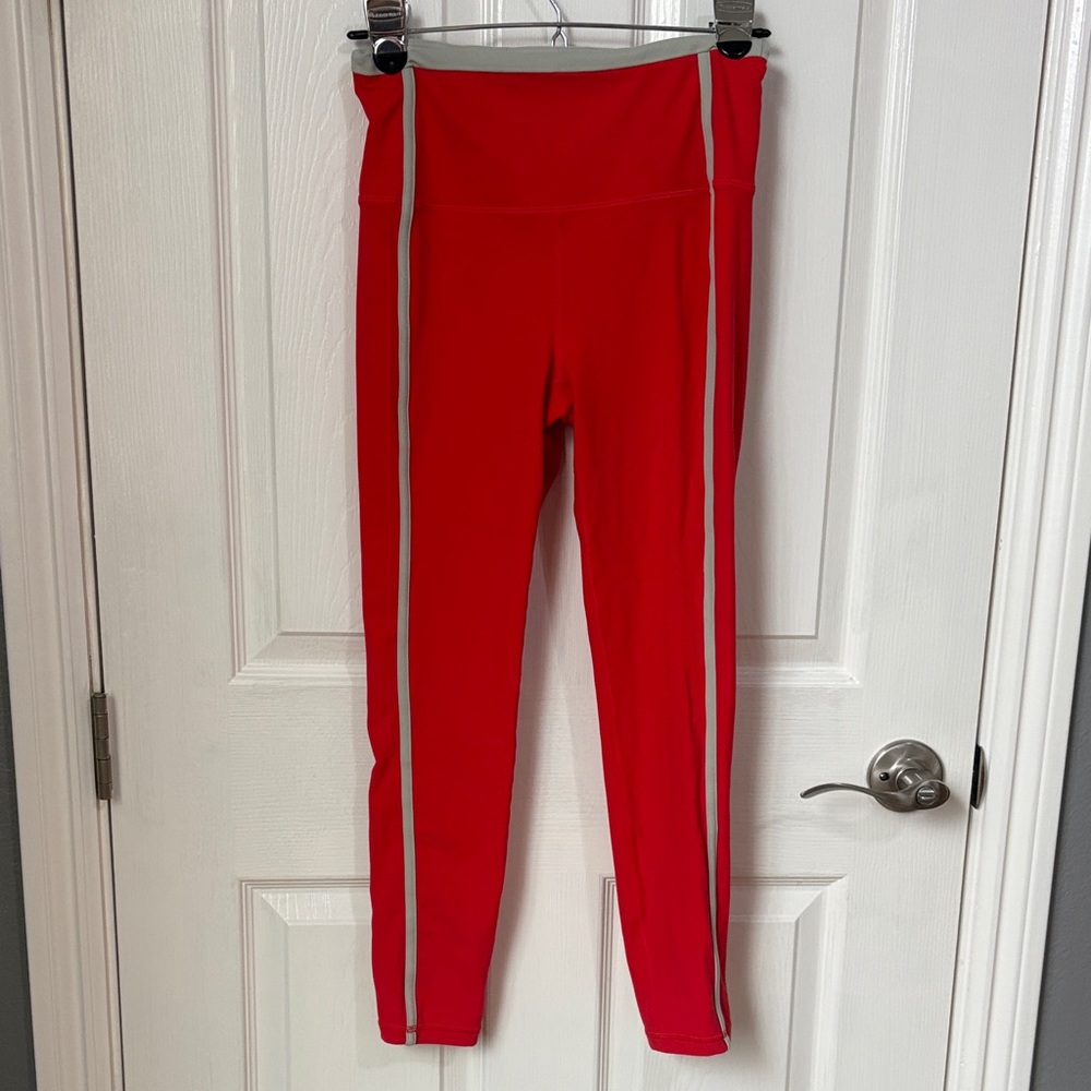 Athleta Red Leggings with Gray Stripes